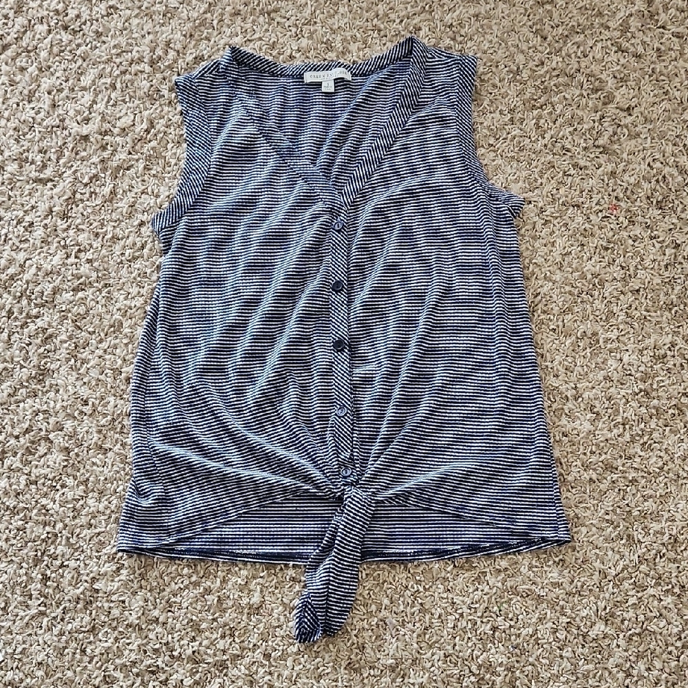 Green Envelope Navy and White Striped Tie-Front Tank